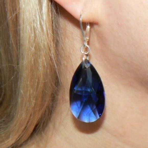 Sterling Silver Blue Briolette Dangle Earrings 2" - Picture 3 of 4